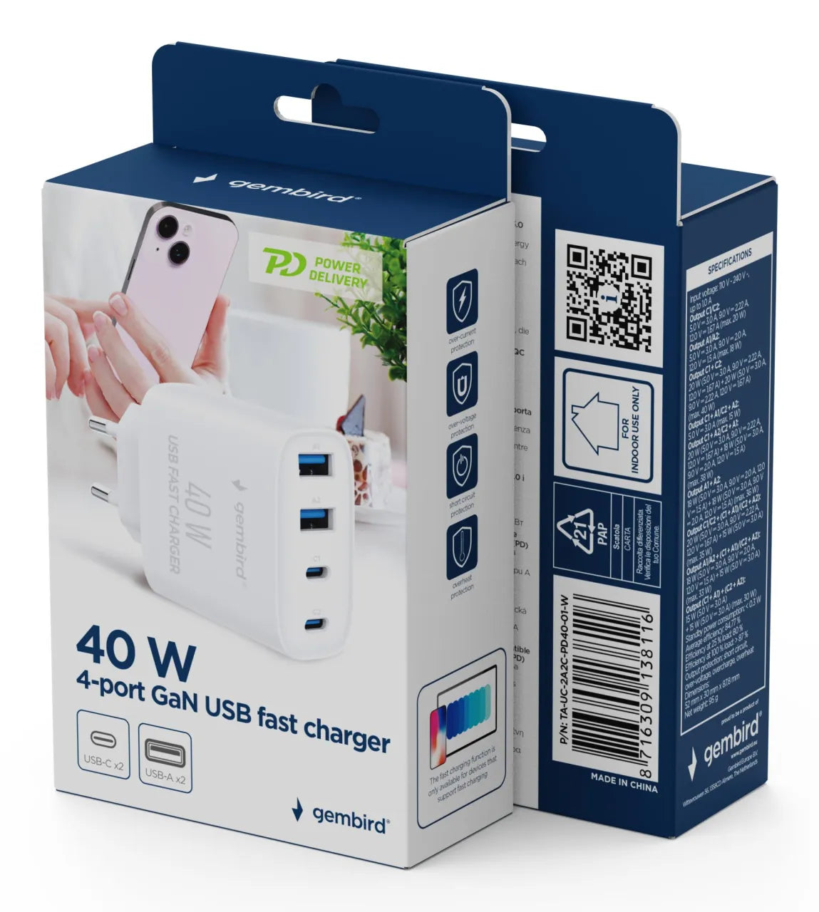 CHARGER USB UNIVERSAL 4P 40W/TA-UC-2A2C-PD40-01-W GEMBIRD