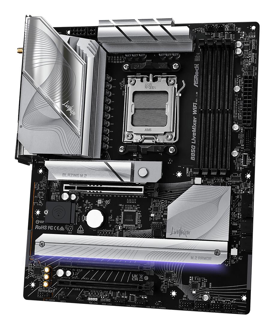 Mainboard|ASROCK|AMD B850|SAM5|ATX|Memory DDR5|Memory slots 4|2xPCI-Express 4.0 16x|1xPCI-Express 5.0 16x|1xM.2|1xHDMI|1xDisplayPort|1xAudio-In|1xAudio-Out|2xUSB 2.0|1xUSB-C|1xOptical S/PDIF|1xRJ45|B850LIVEMIXERWIFI