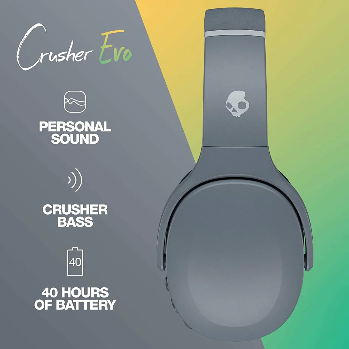 Skullcandy | Wireless Headphones | Crusher Evo | Wireless | Over-Ear | Microphone | Chill Grey