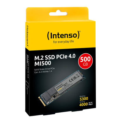 SSD|INTENSO|MI500|500GB|M.2|NVMe|3D NAND|Write speed 4000 MBytes/sec|Read speed 5300 MBytes/sec|4mm|TBW 300 TB|MTBF 1500000 hours|3836450
