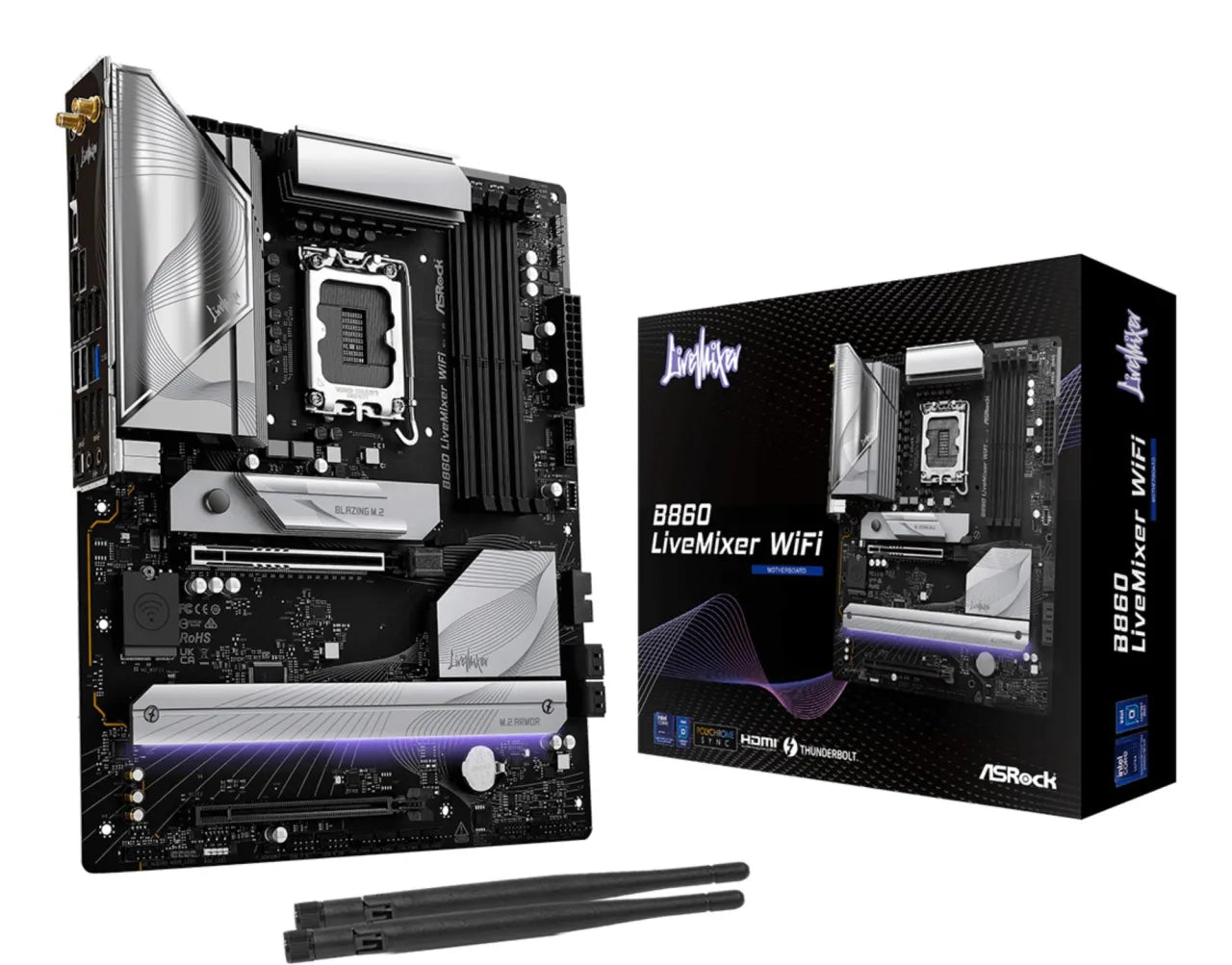 Mainboard|ASROCK|Intel B860 Express|LGA1851|ATX|Memory DDR5|Memory slots 4|1xPCI-Express 4.0 16x|1xPCI-Express 5.0 16x|1xM.2|1xHDMI|1xAudio-Out|1xMicrophone|6xUSB 2.0|6xUSB 3.2|1xUSB-C w/Thunderbolt|1xOptical S/PDIF|1xRJ45|B860LIVEMIXERWIFI