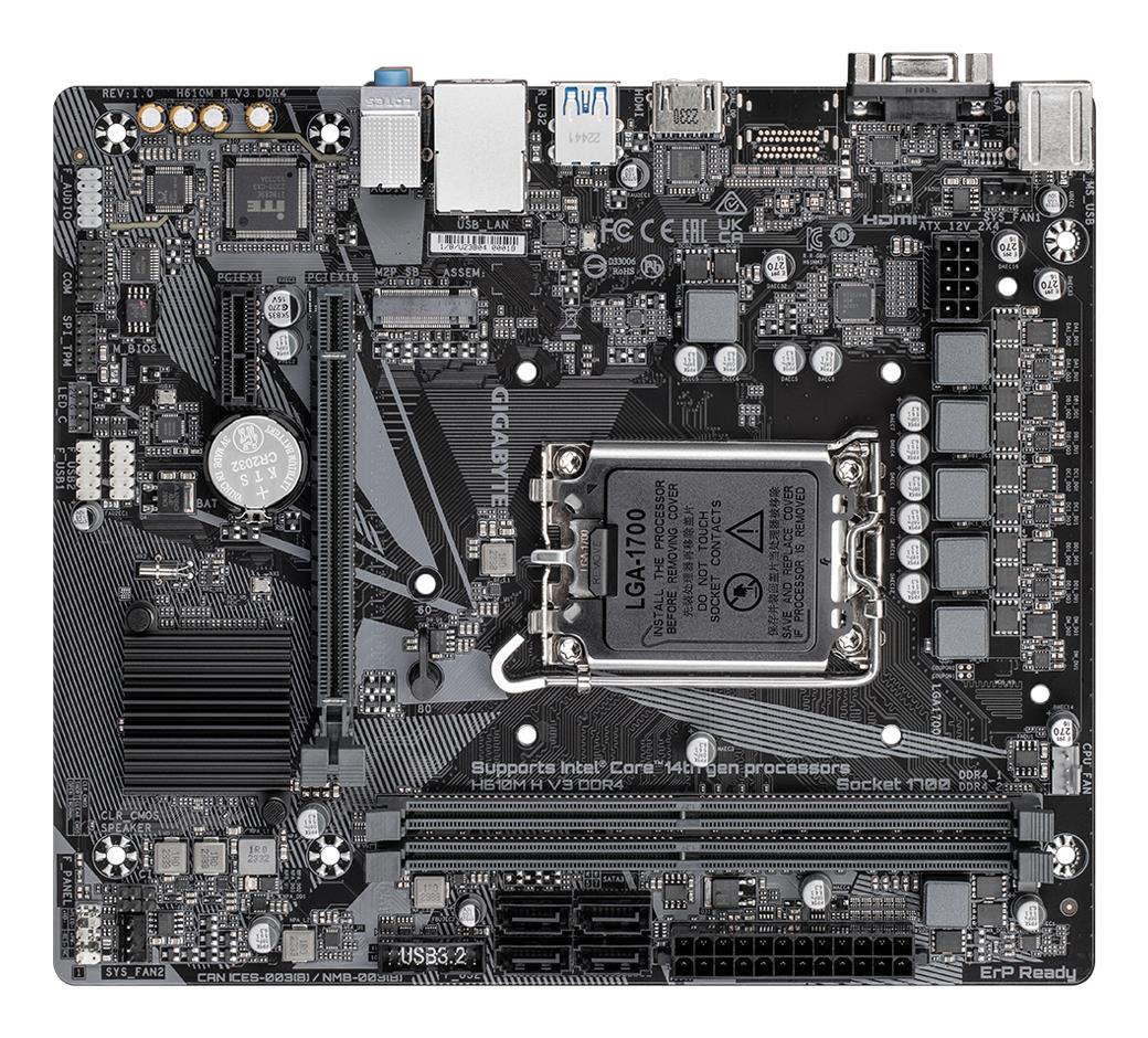 Mainboard|GIGABYTE|Intel H610|LGA1700|Micro-ATX|Memory DDR4|Memory slots 2|1xPCI-Express 3.0 1x|1xPCI-Express 4.0 16x|1xM.2|1x15pin D-sub|1xHDMI|4xUSB 2.0|2xUSB 3.2|1xPS/2|1xRJ45|3xAudio port|H610MHV3DDR4