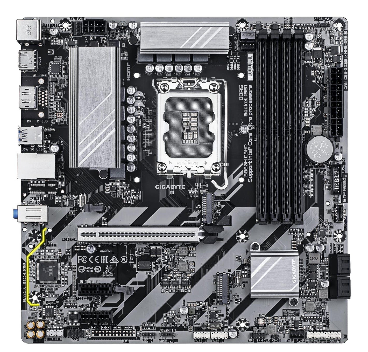 Mainboard|GIGABYTE|Intel B860 Express|LGA1851|Micro-ATX|Memory DDR5|Memory slots 4|2xPCI-Express 1x|1xPCI-Express 16x|2xM.2|1xHDMI|1xDisplayPort|1xAudio-In|1xAudio-Out|1xMicrophone|3xUSB 2.0|3xUSB 3.2|1xPS/2|1xRJ45|B860MD3HP1.0