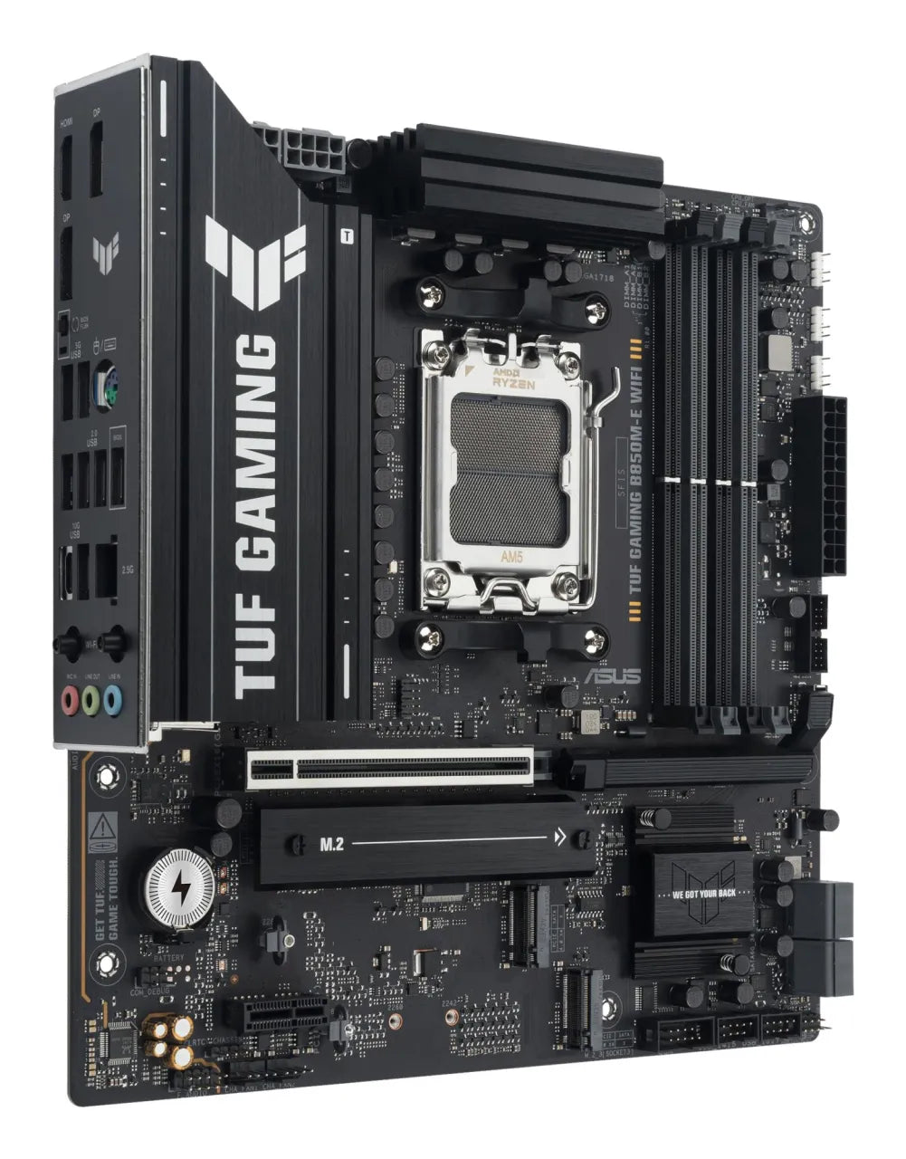 Mainboard|ASUS|AMD B850|SAM5|Micro-ATX|Memory DDR5|Memory slots 4|1xPCI-Express 4.0 1x|1xPCI-Express 4.0 16x|1xPCI-Express 5.0 16x|3xM.2|1xHDMI|2xDisplayPort|4xUSB 2.0|2xUSB 3.2|2xUSB-C|1xPS/2|1xRJ45|3xAudio port|TUFGAMINGB850M-EWIFI