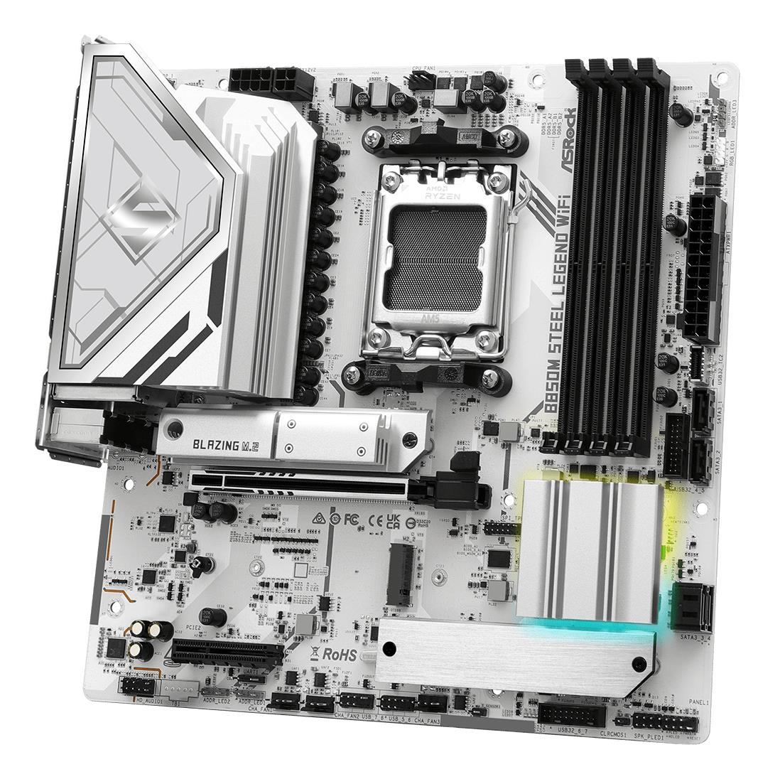 Mainboard|ASROCK|AMD B850|SAM5|Micro-ATX|Memory DDR5|Memory slots 4|4xPCI-Express 4.0 4x	|1xPCI-Express 5.0 16x|1xM.2|1xHDMI|1xDisplayPort|1xAudio-In|1xAudio-Out|1xMicrophone|4xUSB 2.0|3xUSB 3.2|1xUSB-C|1xRJ45|B850MSTEELLEGENDWIFI