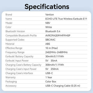 HEADSET WRL ECHO LITE E11/WHITE NBVW0 VENTION