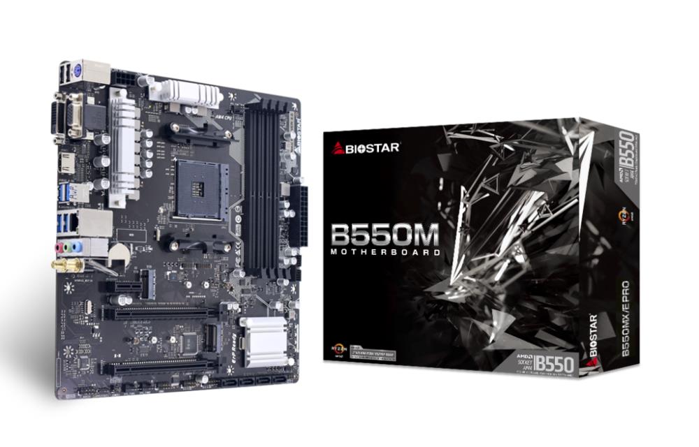 Mainboard|BIOSTAR|AMD B550|SAM4|MicroATX|Memory DDR4|Memory slots 4|1xPCI-Express 3.0 1x|1xPCI-Express 3.0 16x|1xPCI-Express 4.0 16x|2xM.2|1x15pin D-sub|1xDVI-D|1xHDMI|2xUSB 2.0|4xUSB 3.2|1xPS/2|1xRJ45|3xAudio port|B550MX/EPRO