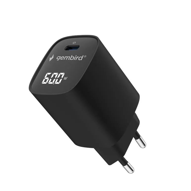 Gembird TA-UC-1C-PD60LCD-01-BK | 60W USB Type-C fast charger, LCD
