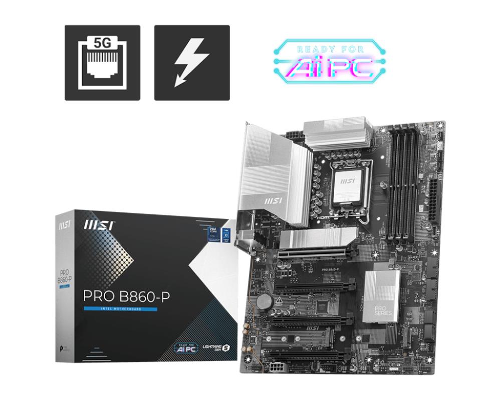 Mainboard|MSI|Intel B860 Express|LGA1851|ATX|Memory DDR5|Memory slots 4|4xPCI-Express 16x|1xHDMI|1xDisplayPort|1xAudio-In|1xAudio-Out|1xMicrophone|4xUSB 2.0|2xUSB 3.0|2xUSB 3.2|1xUSB-C w/Thunderbolt|1xRJ45|PROB860-P