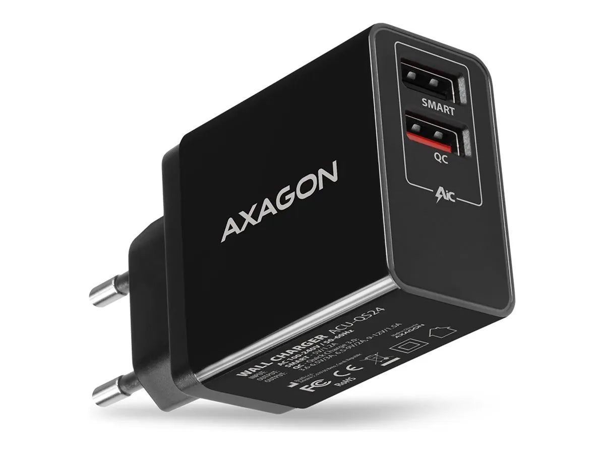 AXAGON Dual wallcharger 240V/2x USB port QC3.0/AFC/FCP and 5V-1.2A, 24W | ACU-QS24