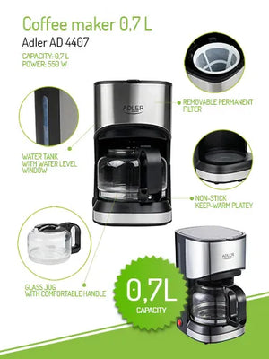 Adler | Coffee maker | AD 4407 | Drip | 550 W | Black