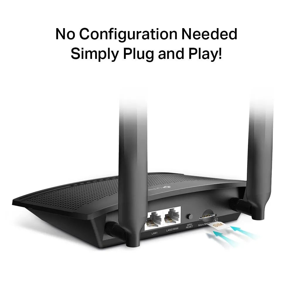 Wireless Router|TP-LINK|TL-MR100|Wi-Fi 4 (802.11n)|Data speed 300 Mbit/s|Ethernet WAN Yes|SIM card slot Yes|WAN connection type RJ-45|Ethernet LAN Yes|3G Yes|4G Yes|2xLAN ports|TL-MR100