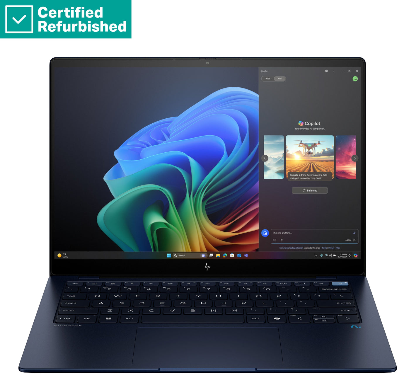 RENEW SILVER HP EliteBook Ultra G1q AI 14 - Qualcomm Snapdragon X Elite X1E-78-100, 16GB, 1TB SSD, 14 2.2K 400-nit Touch, 5MP IR cam, US backlit keyboard, Atmospheric Blue, 59Wh, Win 11 Pro, 1 years