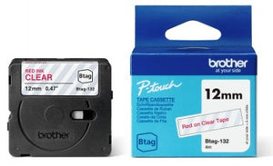 BROTHER BTAG132 12MM RED ON CLEAR TAPE