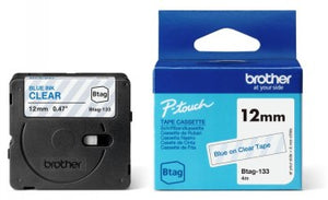 BROTHER BTAG133 12MM BLUE ON CLEAR TAPE
