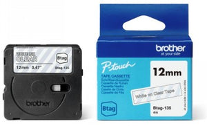 BROTHER BTAG135 12MM WHITE ON CLEAR TAPE