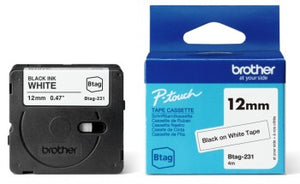 BROTHER BTAG231 12MM BLACK ON WHITE TAPE