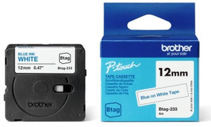 BROTHER BTAG233 12MM BLUE ON WHITE TAPE