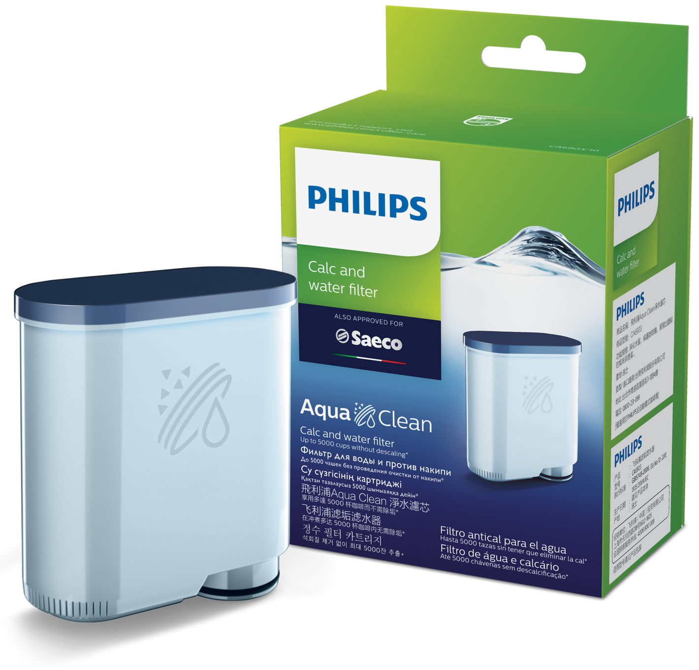 Philips Calc and Water filter CA6903/10 Same as CA6903/00 No descaling up to 5000 cups* Prolong machine lifetime 1x AquaClean Filter