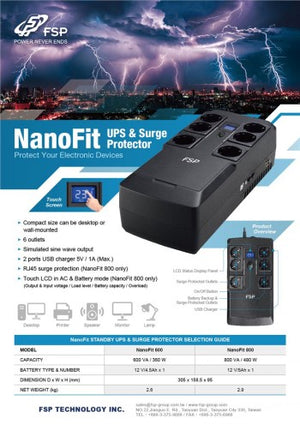 FSP NANOFIT 600 600VA/360W,WITH USB POWER, LED, INPUT/VOLTAGE RANGE: 180-270VAC, INPUT FREQUENZ 60/50 HZ, 1*12V/4.5AH, 6*SCHUKO