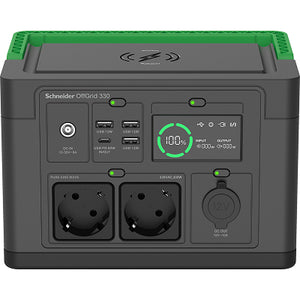 Schneider OffGrid Portable Power Station 330, 230V, 332Wh Lithium-ion, LCD, 2 CEE 7/3 Schuko outlets, Sinewave, 3 USB-A, 1 USB-C, Wireless Charger