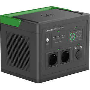 Schneider OffGrid Portable Power Station 500, 230V, 517Wh Lithium-ion, LCD, 2 CEE 7/3 Schuko outlets, Sinewave, 3 USB-A, 2 USB-C, Wireless Charger