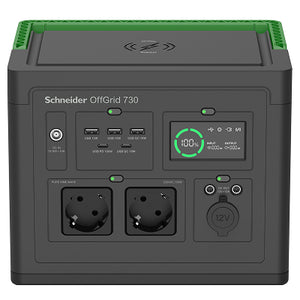 Schneider OffGrid Portable Power Station 730, 738Wh Lithium-ion, LCD, 2 CEE 7/3 Schuko outlets, Sinewave, 3 USB-A, 2 USB-C, Wireless Charger