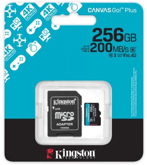 KINGSTON 256 GB MICROSDXC CANVAS GO! PLUS GEN4 200 MT/S A2 U3 V30 CARD + ADAPTER