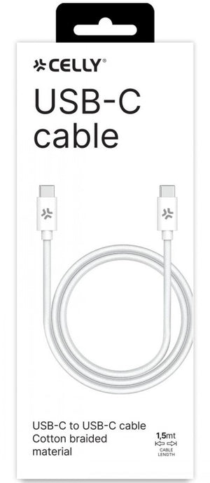 CELLY USBCUSBCCOTT - USB-C TO USB-C COTTON BRAIDED CABLE WHITE (POWER DELIVERY)