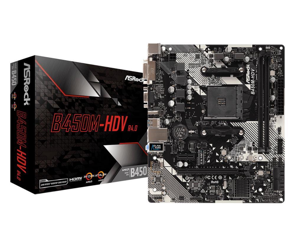 Mainboard|ASROCK|AMD B450|SAM4|Micro-ATX|Memory DDR4|Memory slots 2|1xPCI-Express 2.0 1x|1xPCI-Express 3.0 16x|1xM.2|1x15pin D-sub|1xDVI-D|1xHDMI|2xUSB 2.0|4xUSB 3.1|1xPS/2|1xRJ45|3xAudio port|B450M-HDVR4.0