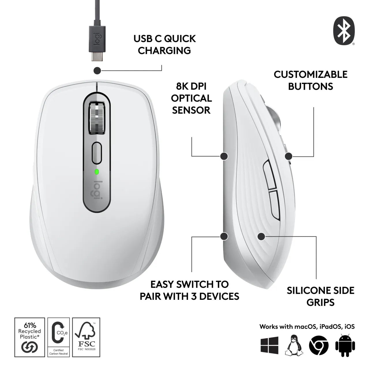 MOUSE USB OPTICAL WRL MX 3S/PALE GREY 910-006930 LOGITECH