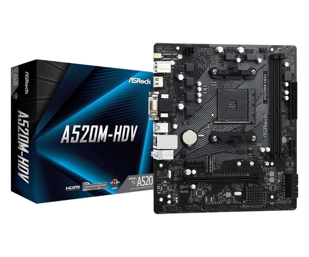 Mainboard|ASROCK|AMD A520|SAM4|Micro-ATX|Memory DDR4|Memory slots 2|1xPCI-Express 3.0 1x|1xPCI-Express 3.0 16x|1xM.2|1x15pin D-sub|1xDVI-D|1xHDMI|2xAudio-In|1xAudio-Out|2xUSB 2.0|4xUSB 3.2|1xPS/2|1xRJ45|A520M-HDV