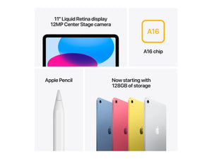Apple iPad | 11 " | Silver | Liquid Retina | 2360 x 1640 pixels | A16 | 128 GB | Wi-Fi | Front camera | 12 MP | Rear camera | 12 MP | Bluetooth | 5.3 | iPadOS