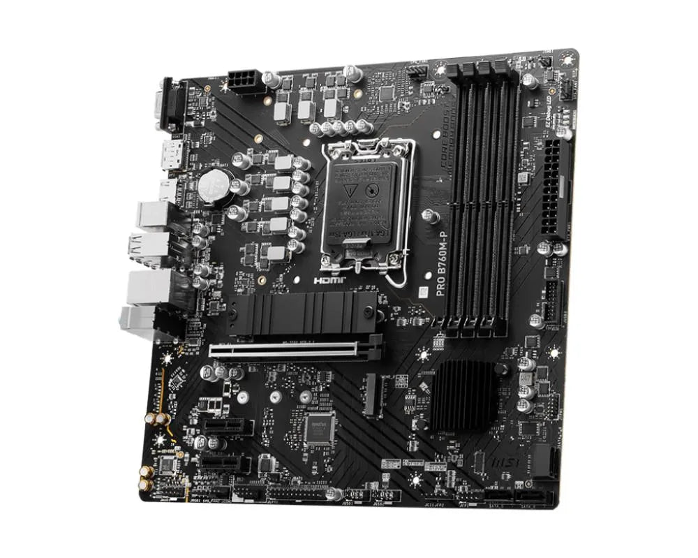 Mainboard|MSI|Intel B760 Express|LGA1700|Micro-ATX|Memory DDR5|Memory slots 4|2xPCI-Express 1x|1xPCI-Express 16x|2xM.2|1x15pin D-sub|1xHDMI|1xDisplayPort|4xUSB 2.0|1xUSB 3.2|1xUSB-C|2xPS/2|1xRJ45|3xAudio port|PROB760M-P