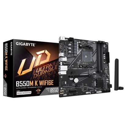 Mainboard|GIGABYTE|AMD B550|Socket AM4|micro ATX|RAM DDR4-SDRAM|4xSlots|Wi-Fi Yes|Bluetooth Yes|2xNumber of M.2 (M) slots|GIGABYTE B550M K WIFI6E|B550MKWF6E