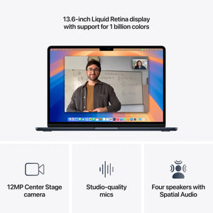 Apple MacBook | Air | Midnight | 13.6 " | IPS | 2560 x 1664 pixels | Apple M4 | 24 GB | Solid-state drive capacity 512 GB | Apple M4 chip 10-core CPU/10-core GPU | macOS | 802.11ax | Bluetooth version 5.0 | Keyboard language Russian | Keyboard backli...