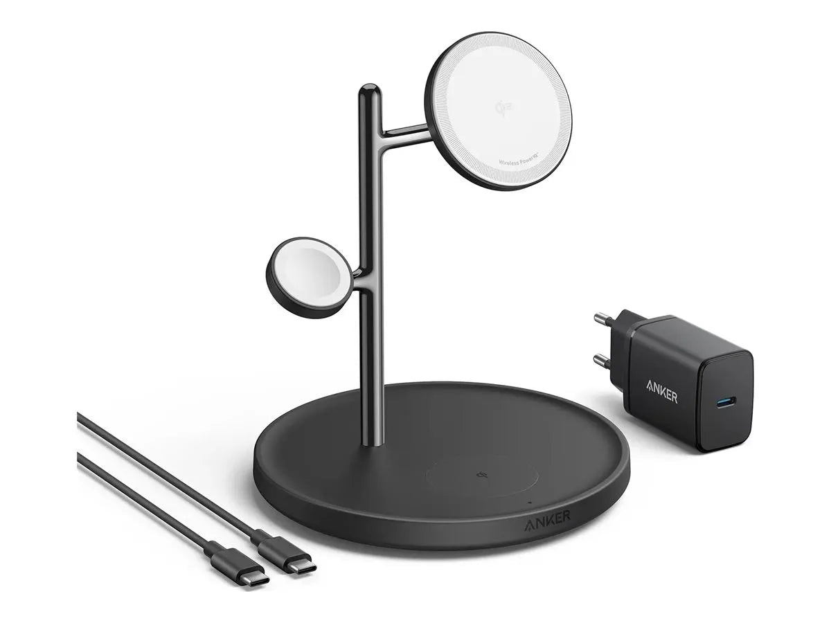 Anker MagGo Wireless Charging Station (15W, 3-in-1 Stand) with cable and charger bundle | B25M3312