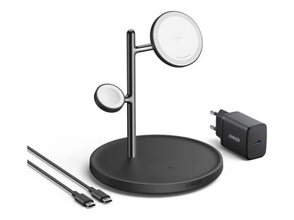 Anker MagGo Wireless Charging Station (15W, 3-in-1 Stand) with cable and charger bundle | B25M3312