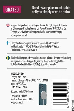 GRATEQ MAGNET PAD - USB-C CABLE 1.5M