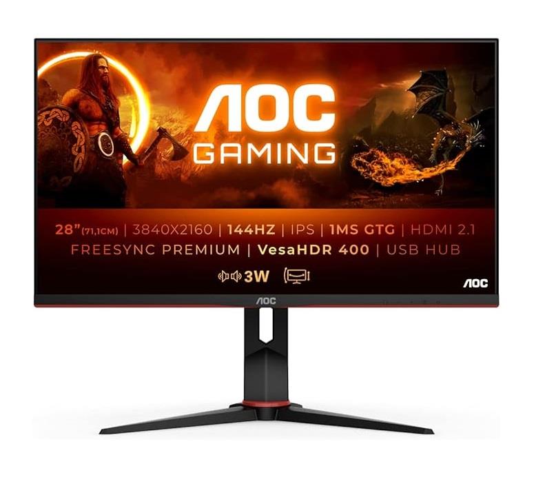 LCD Monitor|AOC|U28G2XU2/BK|28"|Gaming/4K|Panel IPS|3840x2160|16:9|144hz|Matte|1 ms|Speakers|Swivel|Pivot|Height adjustable|Tilt|Colour Black / Red|U28G2XU2/BK