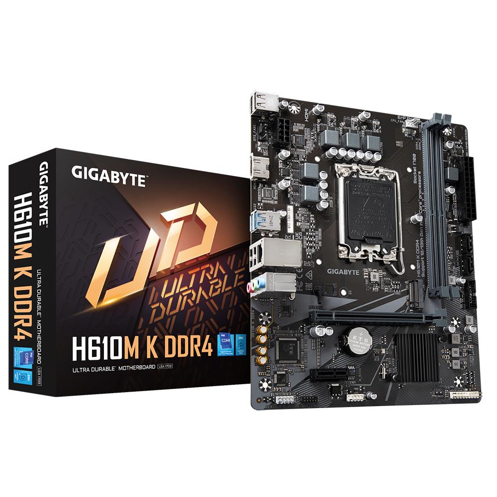 Mainboard|GIGABYTE|Intel H610|LGA1700|Micro-ATX|Memory DDR4|Memory slots 2|1xPCI-Express 3.0 1x|1xPCI-Express 4.0 16x|1xM.2|1xHDMI|4xUSB 2.0|2xUSB 3.2|1xRJ45|3xAudio port|H610MKDDR4