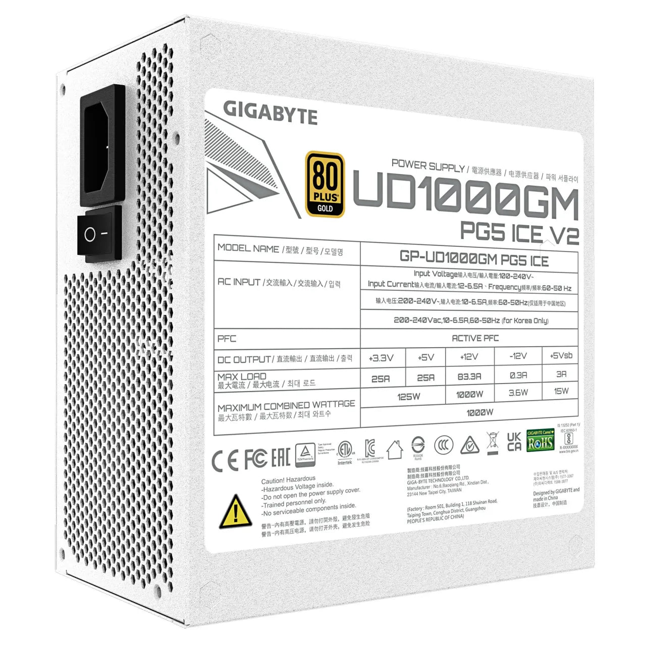 Power Supply|GIGABYTE|UD1000GM PG5 ICE|ATX 3.1|1000 Watts|Efficiency 80 PLUS GOLD|PFC Active|MTBF 100000 hours|GP-UD1000GMPG5ICE