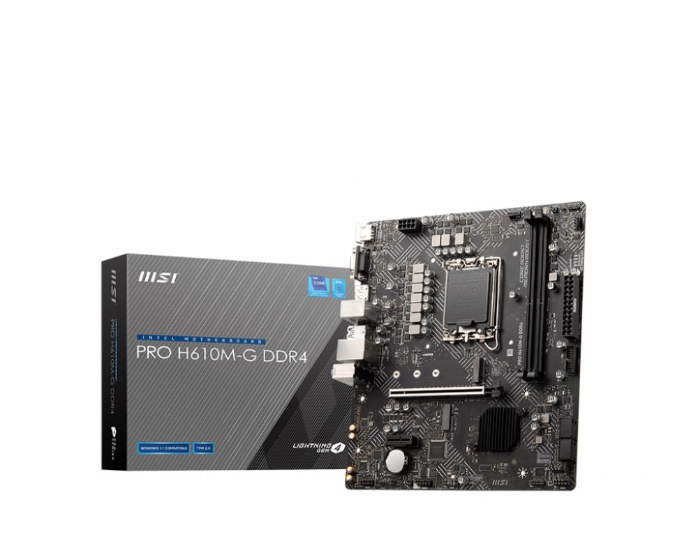Mainboard|MSI|Intel H610|LGA1700|MicroATX|Memory DDR4|Memory slots 2|1xPCI-Express 3.0 1x|1xPCI-Express 4.0 16x|1xM.2|1x15pin D-sub|1xHDMI|1xDisplayPort|2xAudio-In|1xAudio-Out|4xUSB 2.0|2xUSB 3.2|1xPS/2|1xRJ45|PROH610M-GDDR4