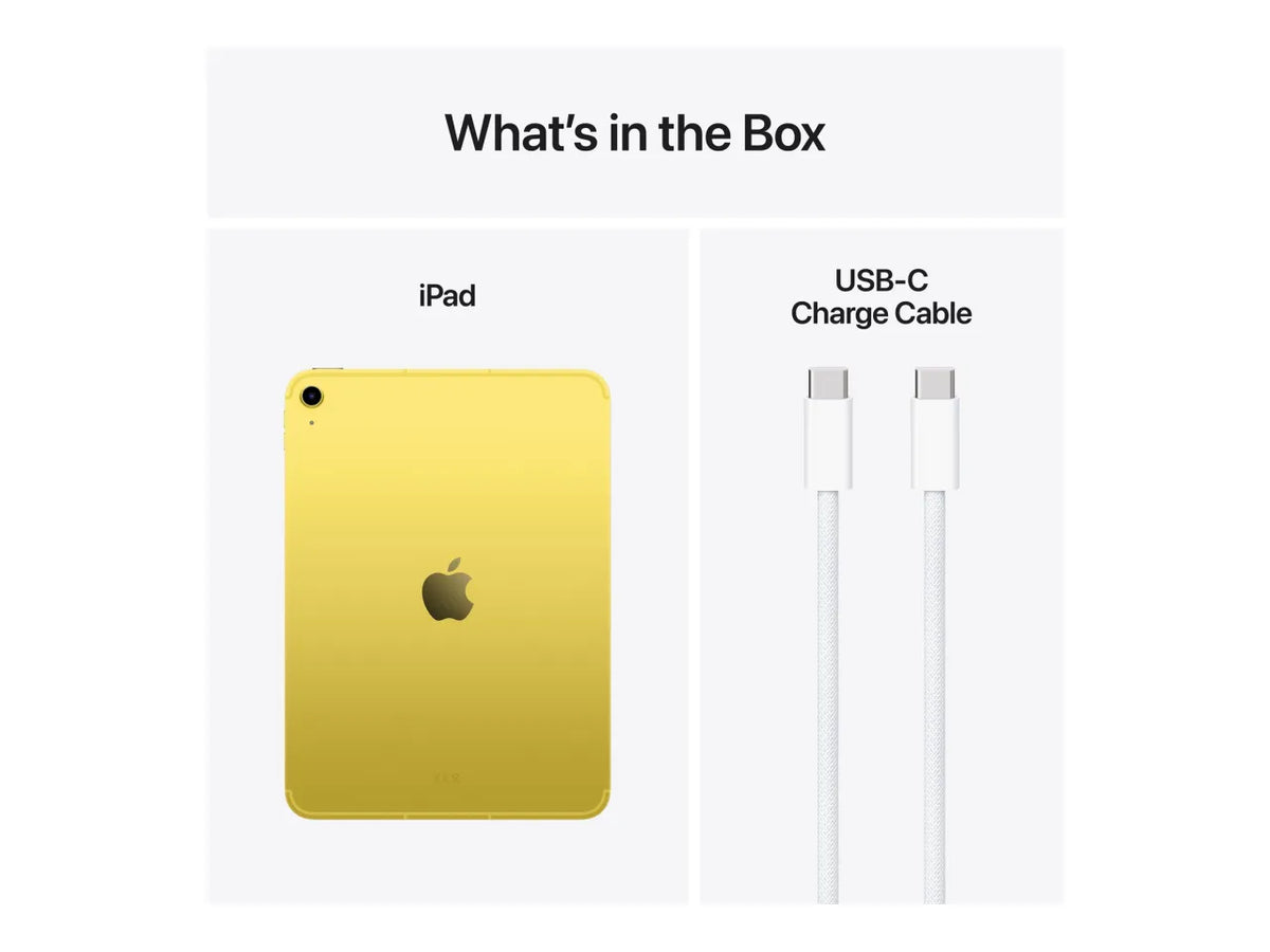Apple | iPad Wi-Fi + Cellular | 11 " | Yellow | IPS, Liquid Retina | 2360 x 1640 pixels | Apple A16 | 256 GB | 3G | 4G | 5G | Wi-Fi | Front camera | 12 MP | Rear camera | 12 MP | Bluetooth | 5.3 | iPadOS | USB-C charging cable