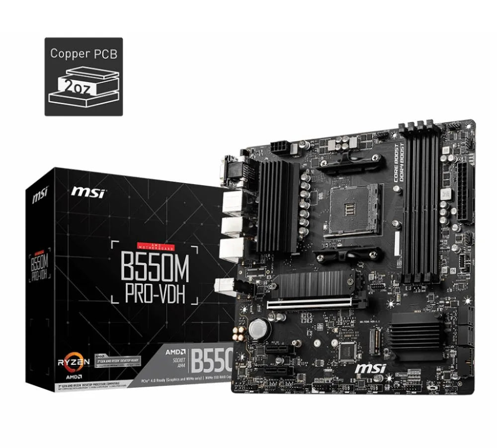 Mainboard|MSI|AMD B550|SAM4|MicroATX|Memory DDR4|Memory slots 4|2xPCI-Express 3.0 1x|1xPCI-Express 4.0 16x|2xM.2|1x15pin D-sub|1xHDMI|1xDisplayPort|2xAudio-In|1xAudio-Out|2xUSB 2.0|4xUSB 3.2|1xPS/2|1xRJ45|B550MPRO-VDH